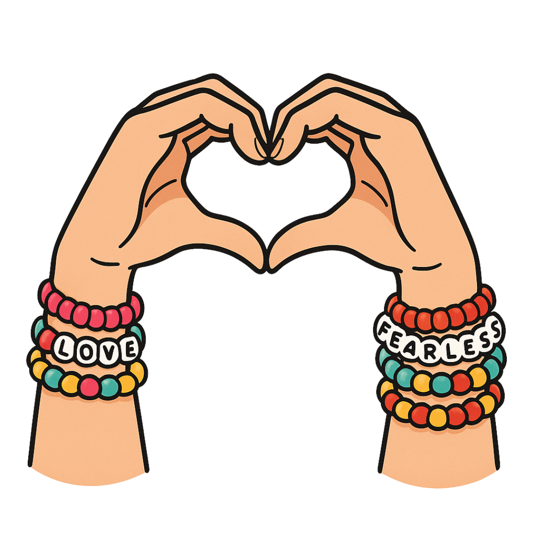 Heart hands gesture with colorful beaded bracelets