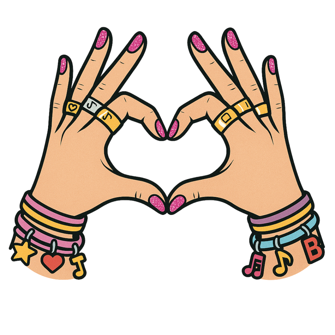 Heart hands gesture with pop art style jewelry