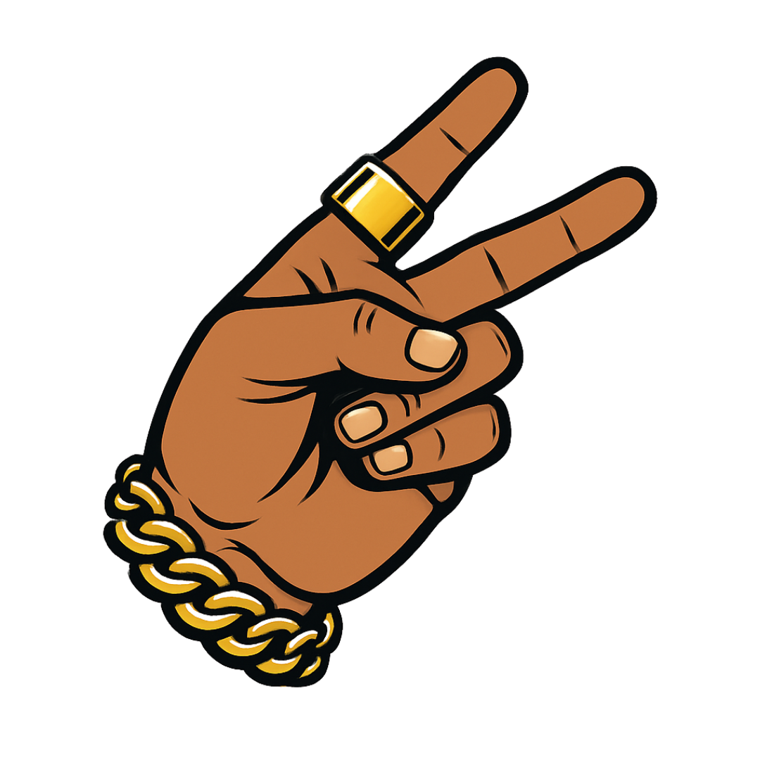 Peace sign hand gesture with gold jewelry