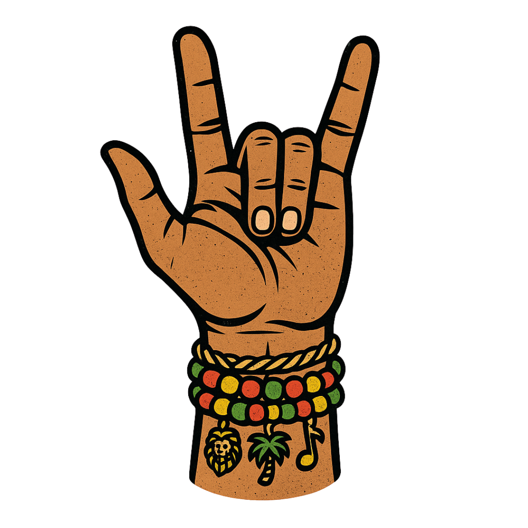 Rock on hand gesture with rasta bracelets