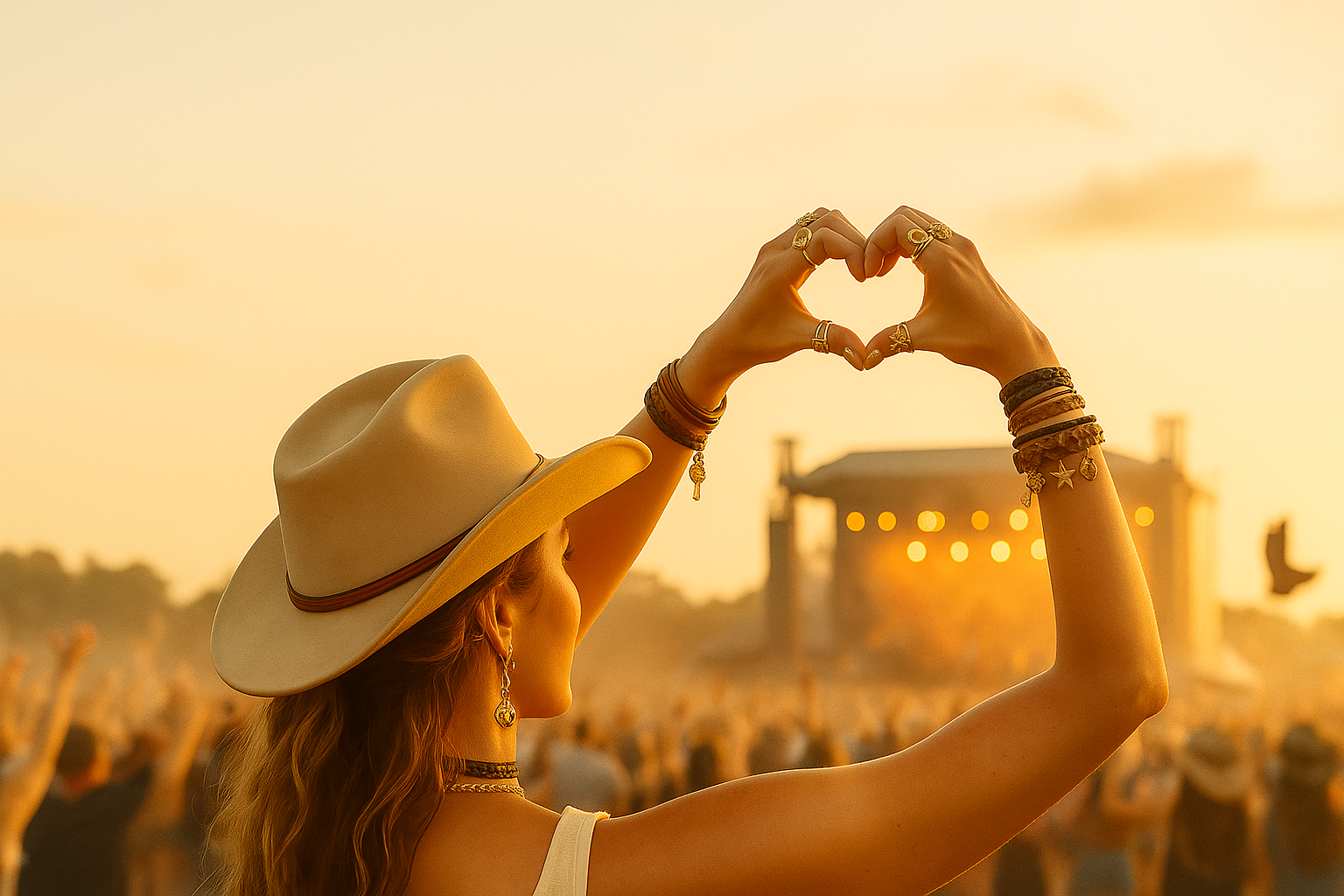 A person at a concert making a heart shape with their hands towards the stage, adorned with jewelry